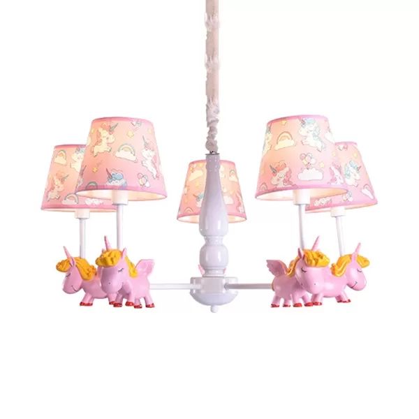 Unicorn Child Bedroom Chandelier with Fabric Shade Metal 5 Heads Lovely Pendant Lamp