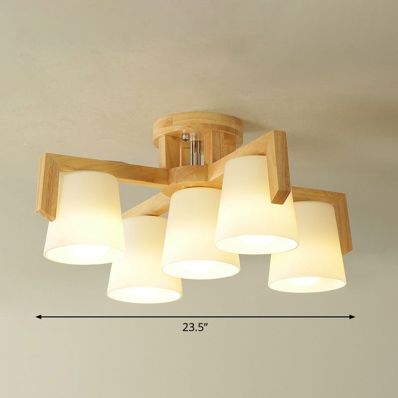 Conic Living Room Semi Flush Ceiling Light Frosted Glass Modern Flush Mount Light in Wood
