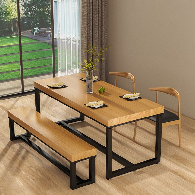 Industrial Solid Wood Dining Table Rectangle Table in Brown with Metal Trestle Base