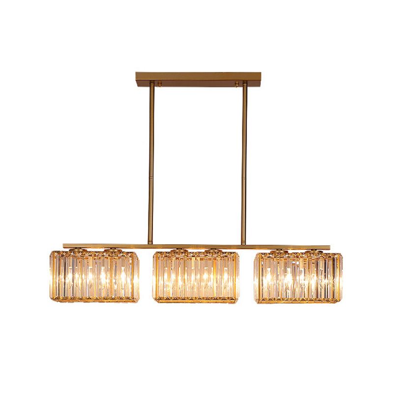Gold 4/6/8 Bulbs Pendant Lighting Contemporary Metal Linear Island Lamp with Clear Cuboid Crystal Shade for Dinning Room