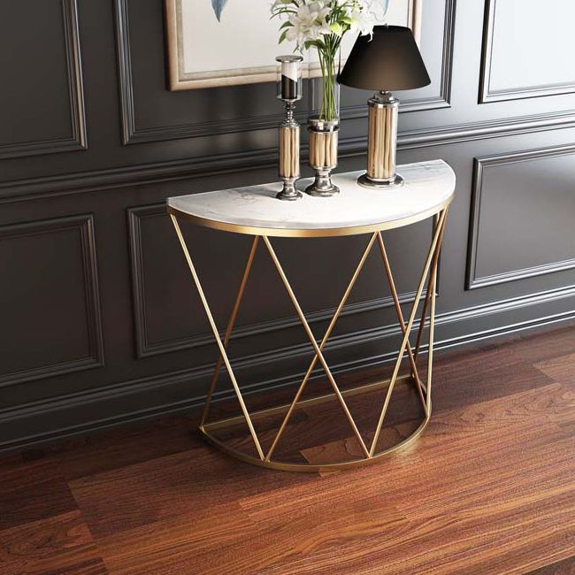 Glam Marble Console Sofa Table Half Moon Iron Accent Table for Hall