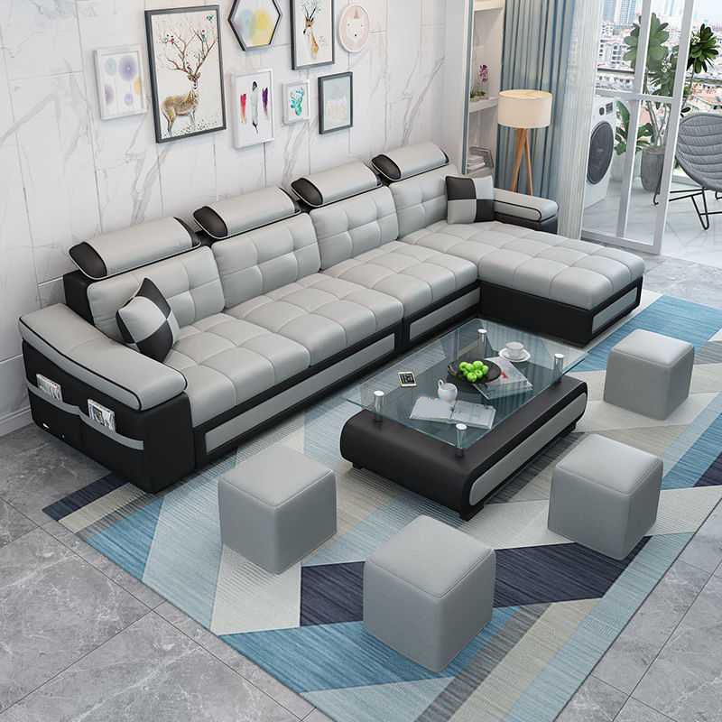 Modern L-shape Sofa and Chaise Right Facing Faux Leather/Linen Blend Sectionals