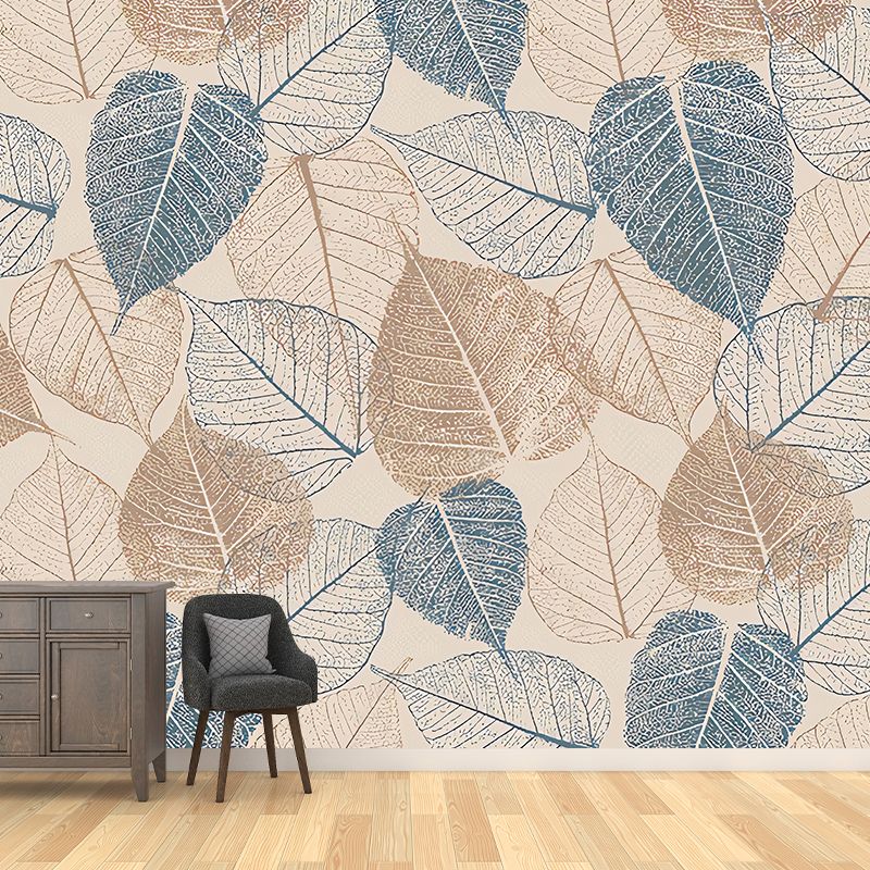 American Blue and Brown Mural with Autumn Leaf Design for Living Room and Gallery, Non-Woven Material