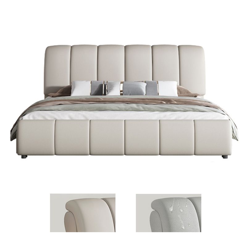 Faux Leather White Panel Bed Modern Standard Bed with Upholstered Headboard