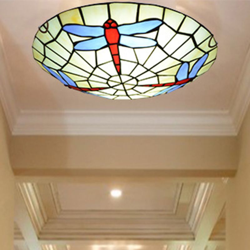Dragonfly Round Ceiling Lighting Hand-Crafted Glass Tiffany Flush Mount Light in Sky Blue