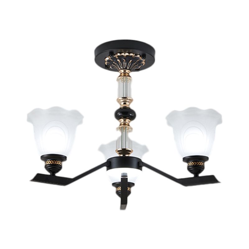 Frosted Glass Black Chandelier Lighting Floral Shade 3/6/8-Head Rural Style Hanging Pendant Light
