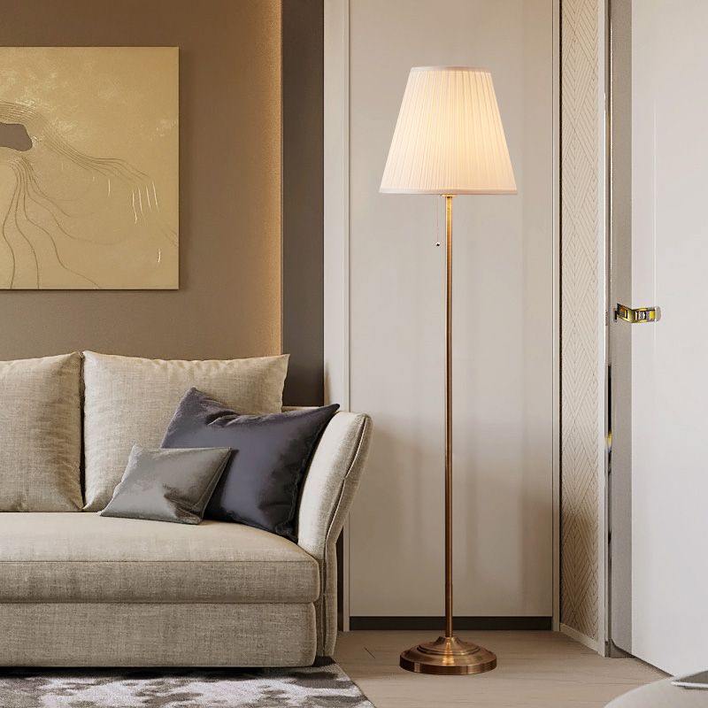 Brown Pleated Shade Standing Light Vintage Fabric 1 Head Living Room Floor Lamp with Pull Chain