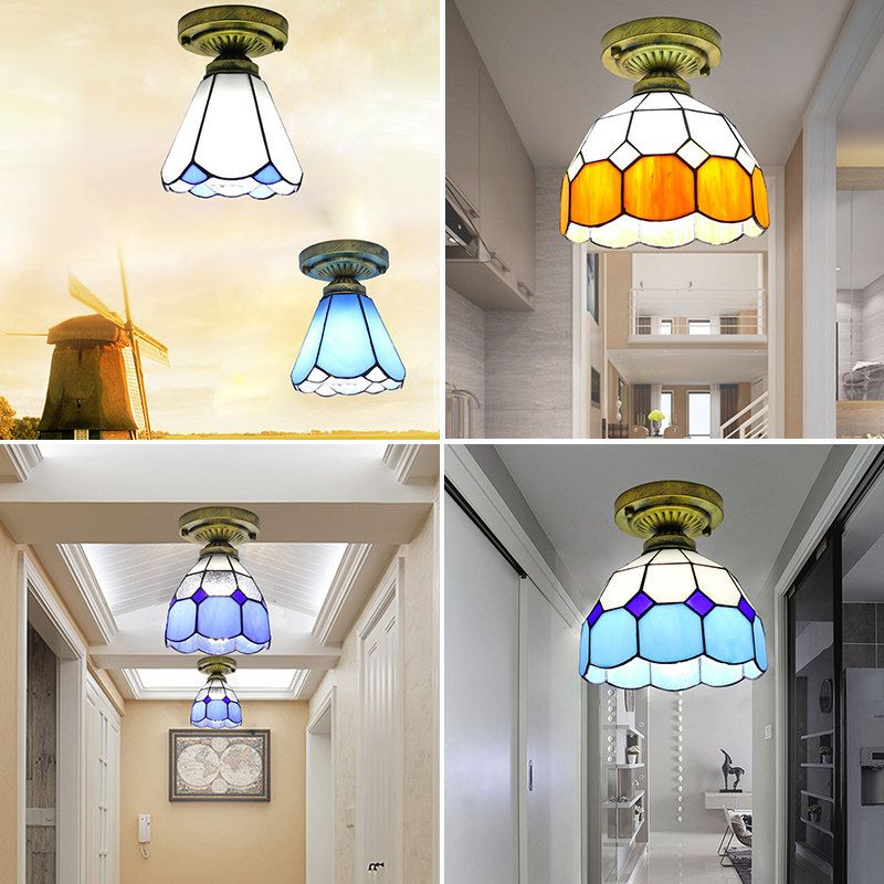 1 Head Flush Mount Light Classic Bell Shade Gridded Glass Semi Flush Ceiling Light