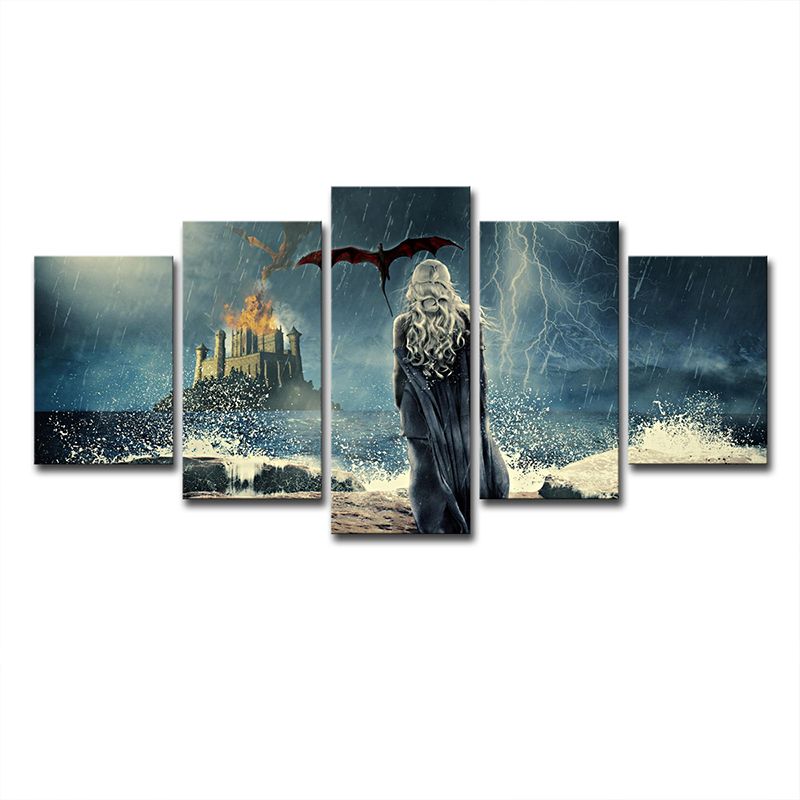 Rainy Night Castle Wall Art Kids Mysterious Game Scene Canvas in Blue for Living Room