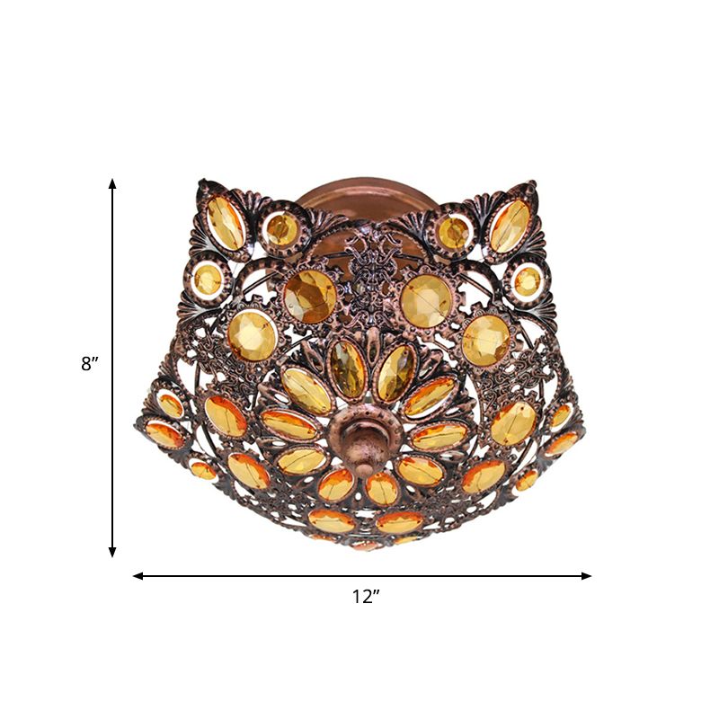 Metal Shade Brass Flushmount Lighting Hollow 3 Heads Bohemian Ceiling Mount for Hotel
