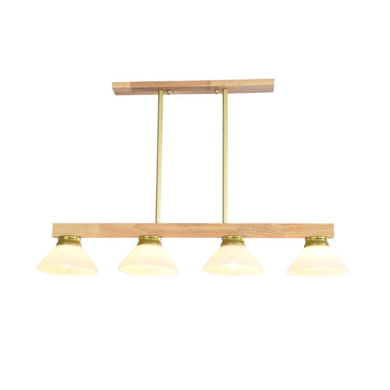Nordic Linear Wood Hanging Light 4 Heads Island Ceiling Light in Gold/Black Finish with Cone Opal Glass Shade