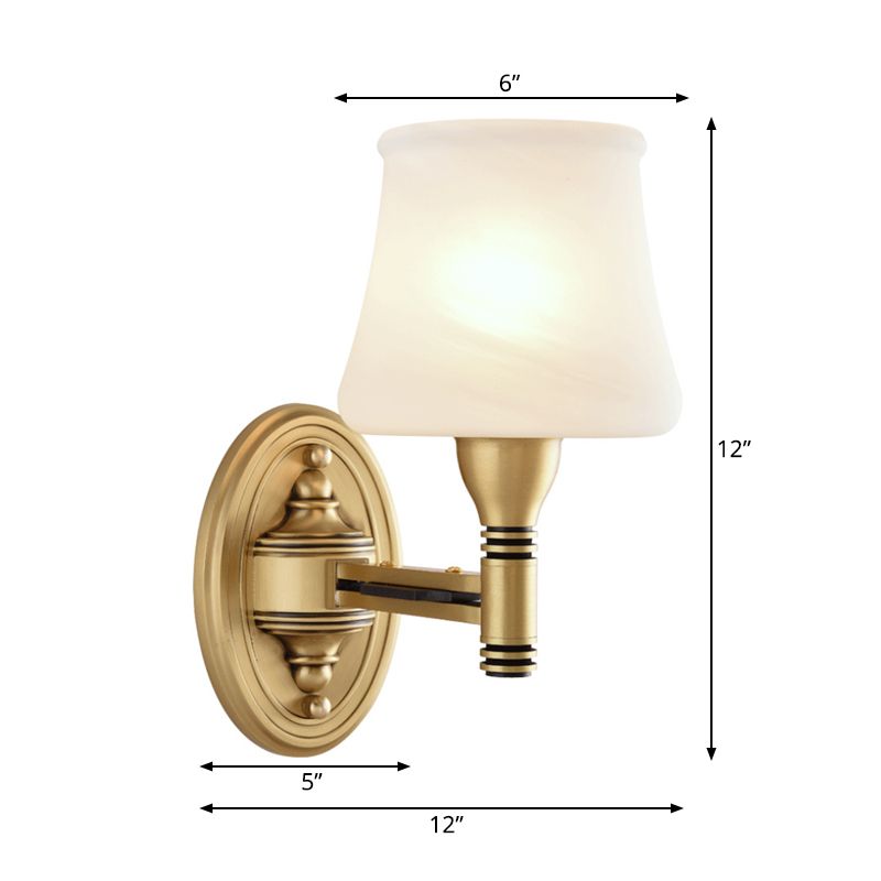 Brass Finish 1/2-Bulb Wall Light Vintage Stylish Milk Glass Cone Shade Wall Sconce Fixture for Bedroom