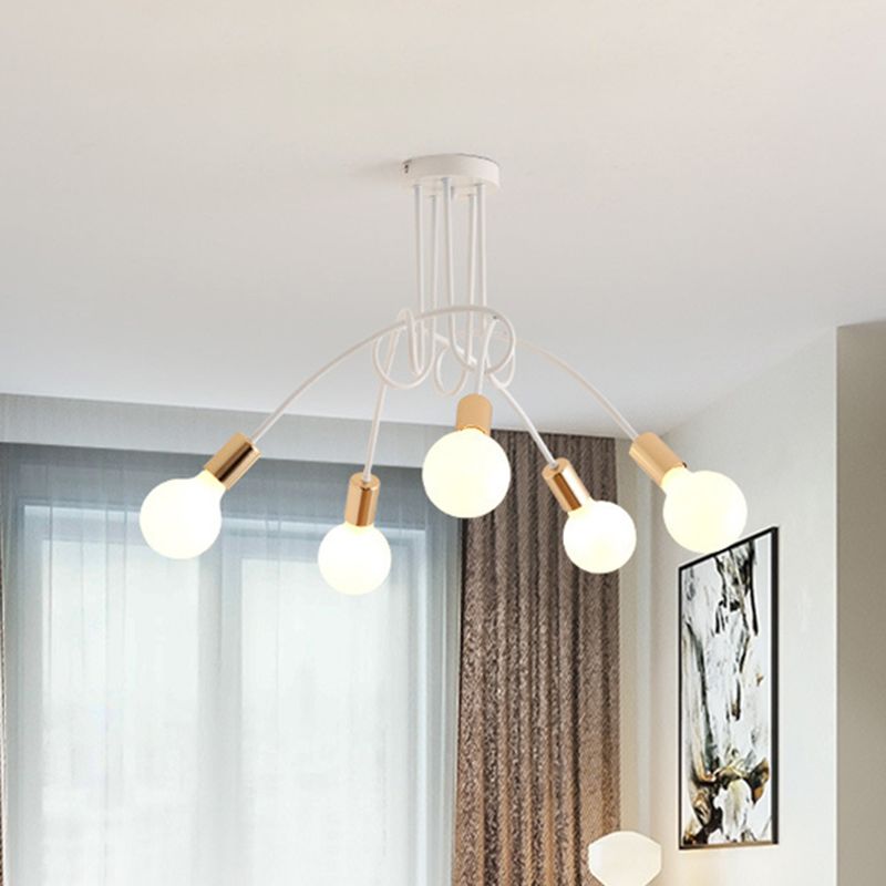 White Sputnik Exposed Bulb Flush Mount Industrial Retro Ceiling Light with Wrought Iron Stem