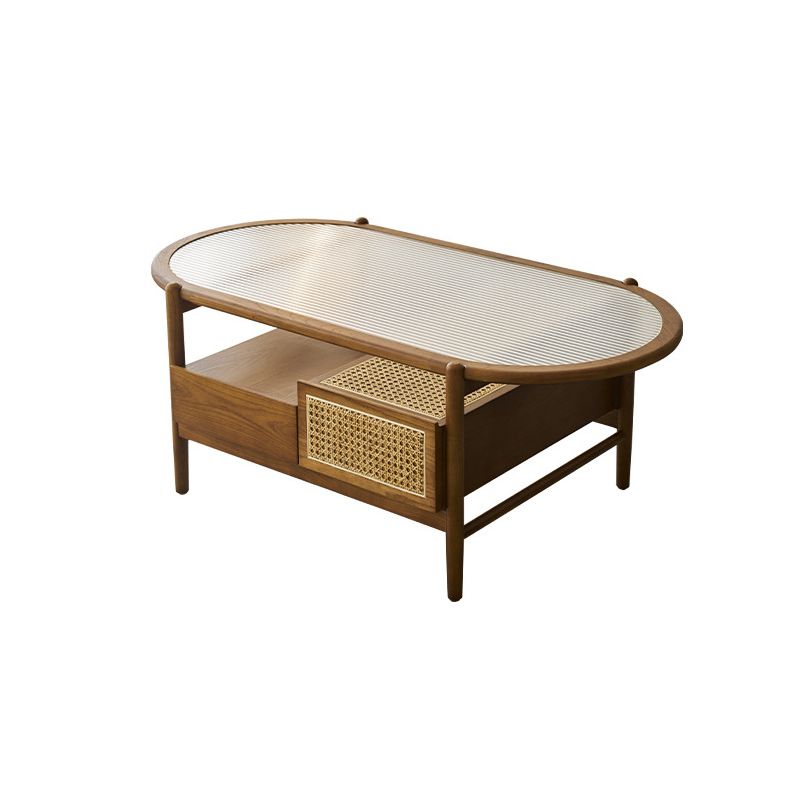 Modern Oval Glass Top Coffee Table with Shelf and 4 Drawers Cocktail Table