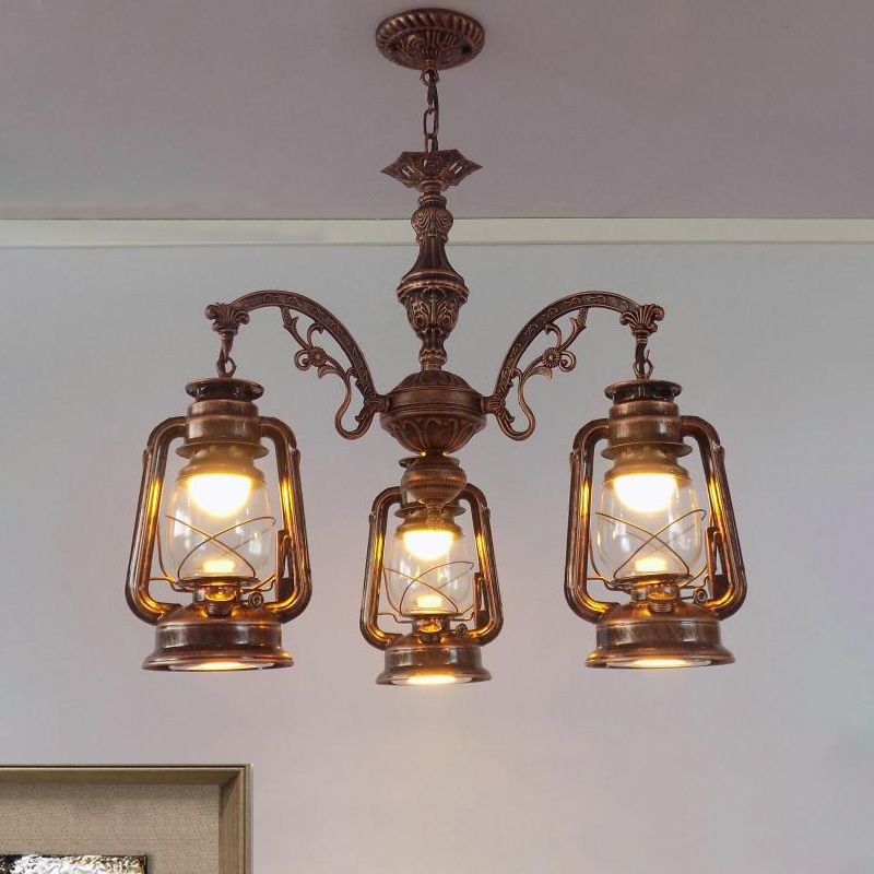 Clear Glass Black/Silver/Red Chandelier Light Lantern 3-Light Industrial Pendant Lamp for Kitchen