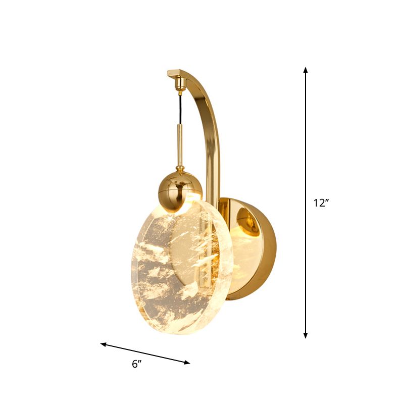 Round Corridor Wall Lighting Clear Crystal LED Minimalism Wall Mounted Light with Bent Arm in Gold