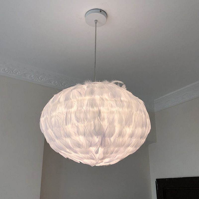 Feather Ball Bedroom Hanging Pendant Fabric 1 Bulb Modernist Ceiling Suspension Light in White