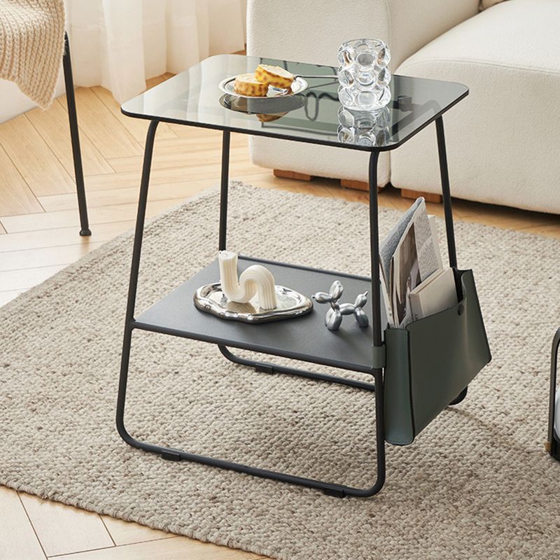 Metal Sled End Table Glass Top Side Sofa Side Accent Table with Shelf