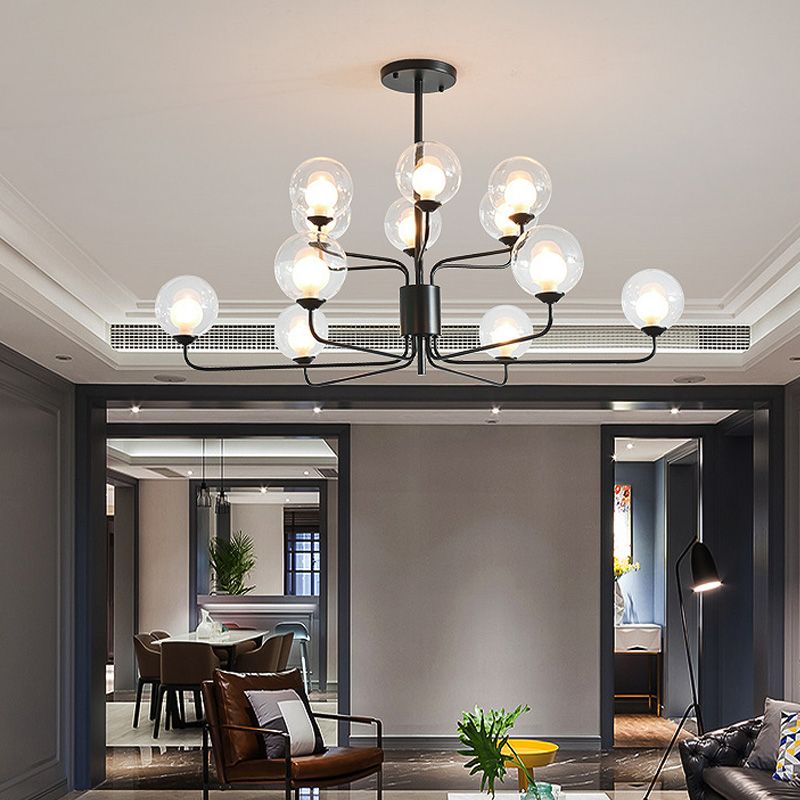 2-Tier Ball Clear Glass Chandelier with Radial Design Contemporary 8/12/18 Lights Black/Gold Hanging Light Fixture