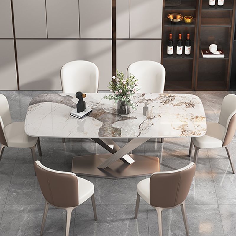 Luxury Rectangular Stone Top Dining Table with Gold Steel X-Base