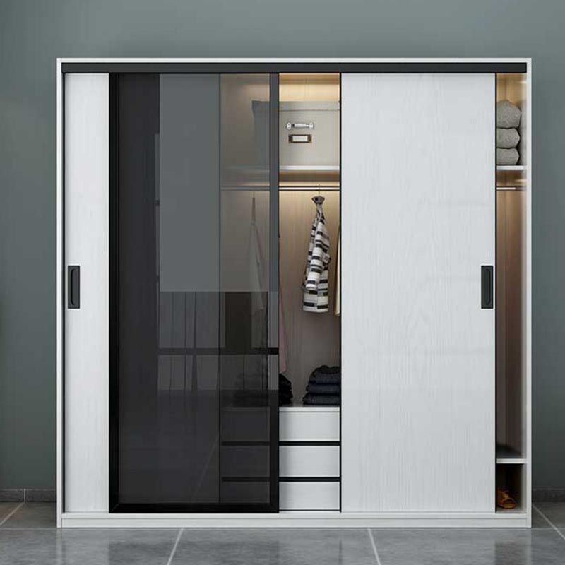Glass and Engineered Wood Wardrobe Closet White Wardrobe Cabinet
