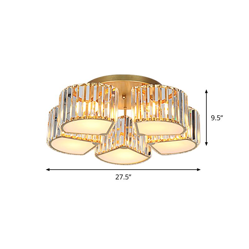 5/7-Head Semi Flush Mount Light with Shell/Square Shade Crystal Modernism Dining Room Ceiling Light Fixture in Gold