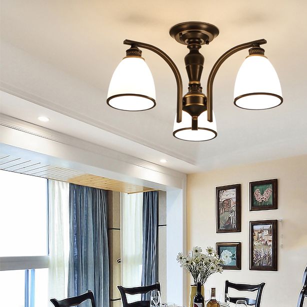 Lampe semi-encastrée en métal noir, éclairage de plafond traditionnel à plusieurs têtes avec abat-jour en verre cloche