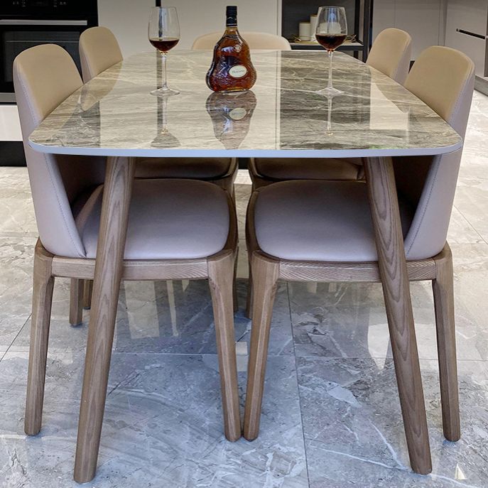 Gray Stone Top Table with Ash Wood Frame Modern Dining Table for Home