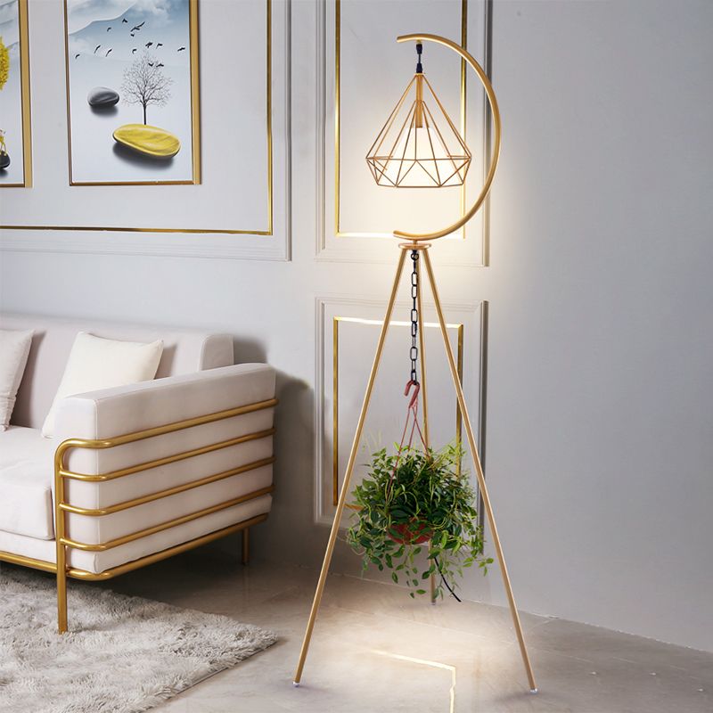 Finition noir / or Diamond Cage Floor moderniste 1 Light Metal Metal Tri-leg Perdre Planchers