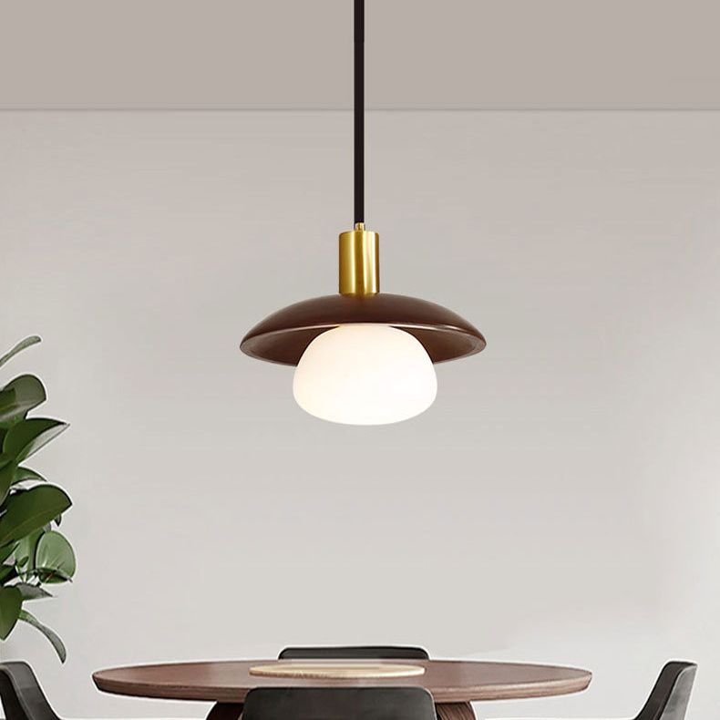 Dark Brown Saucer Pendant Lighting Simple 1-Light Wooden Ceiling Light with White Glass Shade