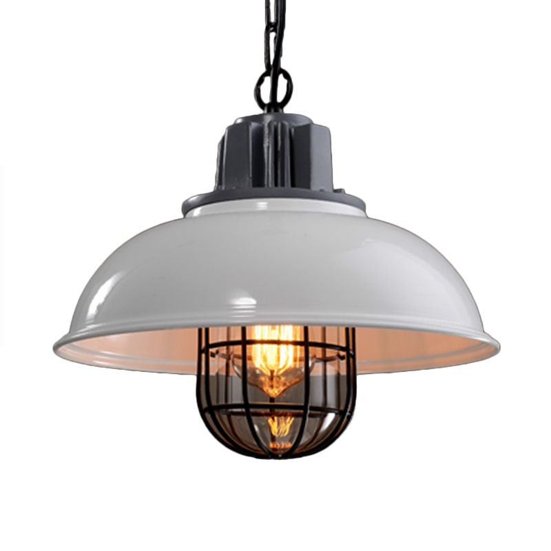 Bowl Bistro Hanging Light Kit Country Iron 1 Head Rust/White Pendant Lamp with Cage and Inner Glass Shade