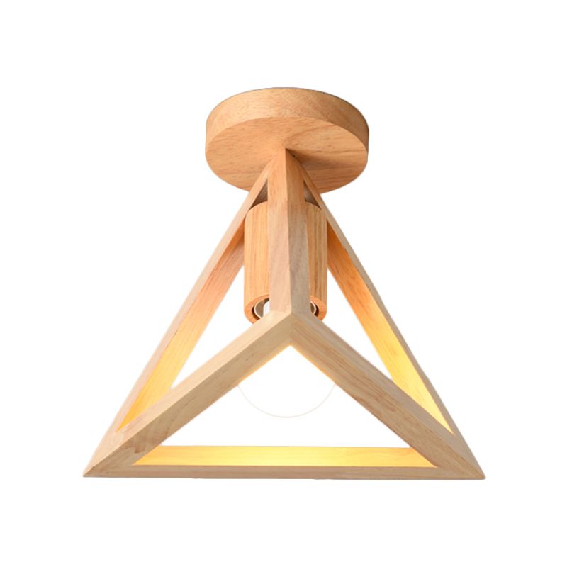 1-Light Foyer Semi Mount Lighting Minimalist Beige Ceiling Flush Light with Pyramid Wood Cage