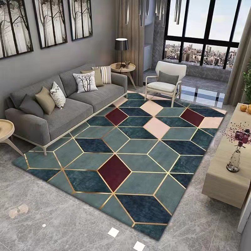 Green Cube Pattern Rug Polyester Modern Rug Washable Rug for Living Room