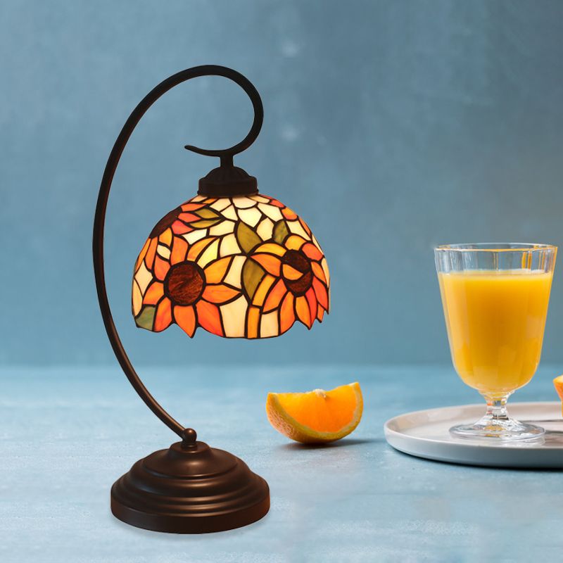 1 Bulb Night Lamp Mediterranean Sunflower Stained Glass Nightstand Light in Dark Coffee with Swirl Arm