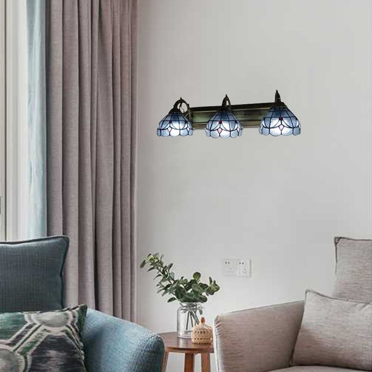 Dome Wall Mount Light with Curved/Arc Arm 3 Lights Stained Glass Vintage Vanity Light for Bathroom