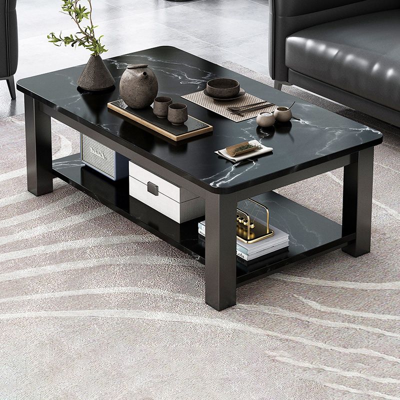 Rectangular Glass 4 Legs Coffee Cocktail Table with Storage Shelf