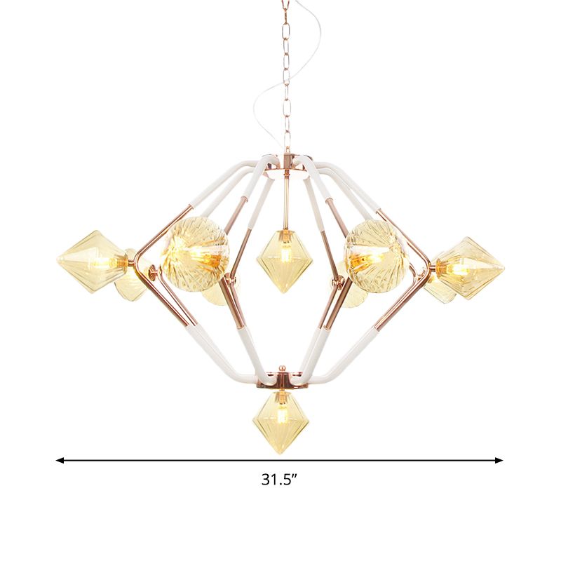 10 Lights Bedroom Chandelier Lighting Modern Rose Gold LED Hanging Ceiling Lamp with Diamond Amber Glass Shade