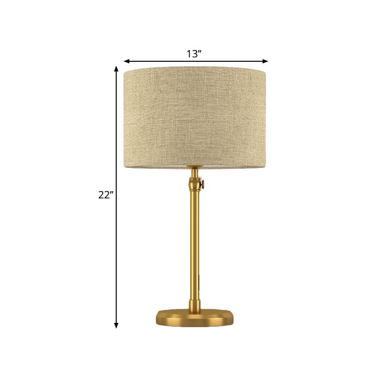Illuminazione da lettura a cilindro in tessuto stile retrò con luce da comodino a testa singola dorata per soggiorno