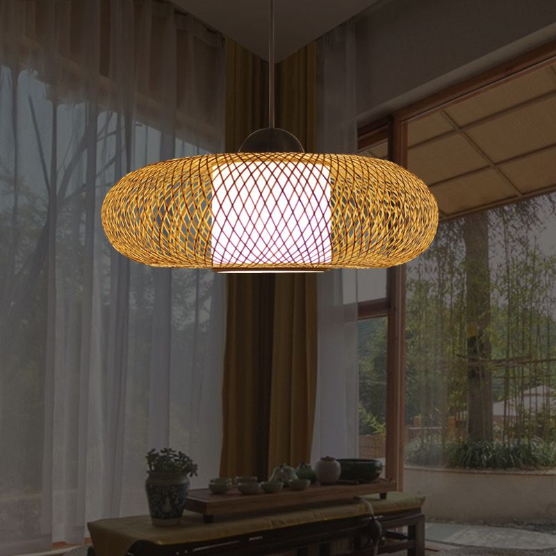 Bamboo Donut Ceiling Lamp Modern 1 Bulb Hanging Pendant Light in Black/Wood for Living Room