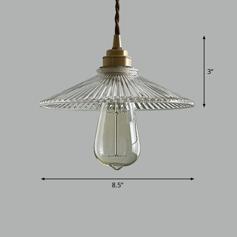 Cone Clear Ribbed Glass Hanging Lamp Vintage Single-Bulb Dining Room Lighting Pendant