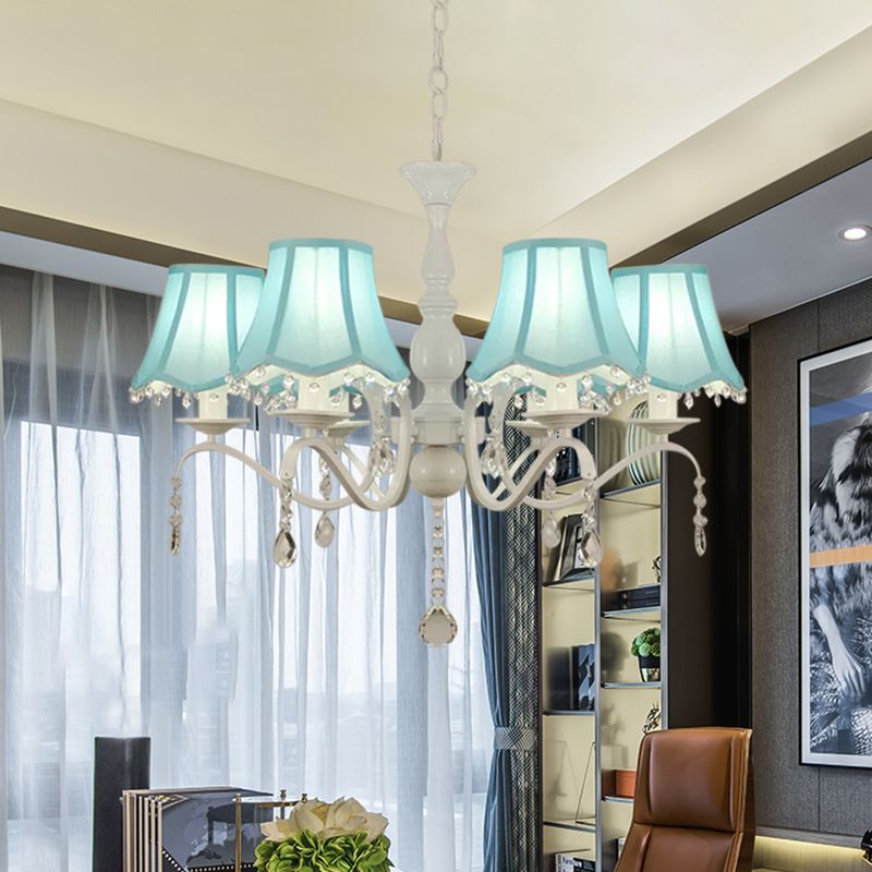 Geschulpte stof hanger kroonluchter hedendaagse 6-licht roze/blauwe suspensielamp met kristaldruppel