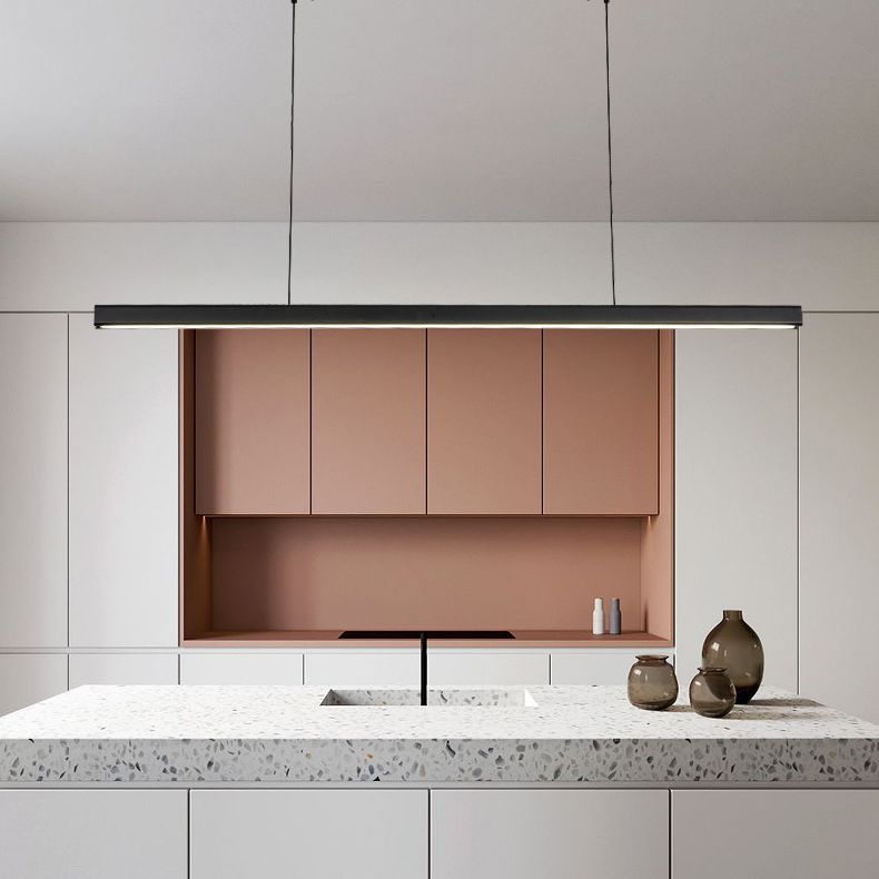 Black Long Strip Minimalism LED Island Light Aluminum + Walnut Nordic Style Suspension Lighting Fixture for Dining Room