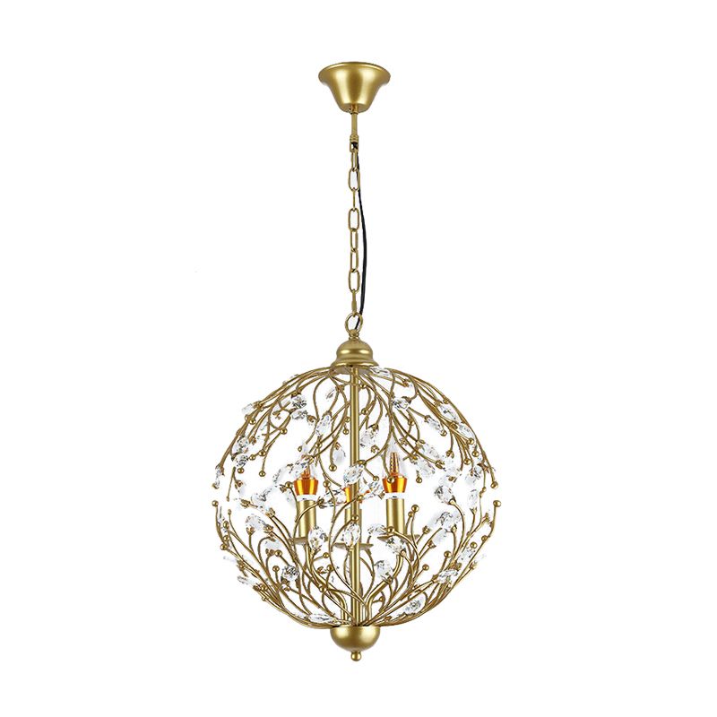 Globe Chandelier Lighting Antique Crystal 3 Lights Brass Hanging Ceiling Light for Dining Room