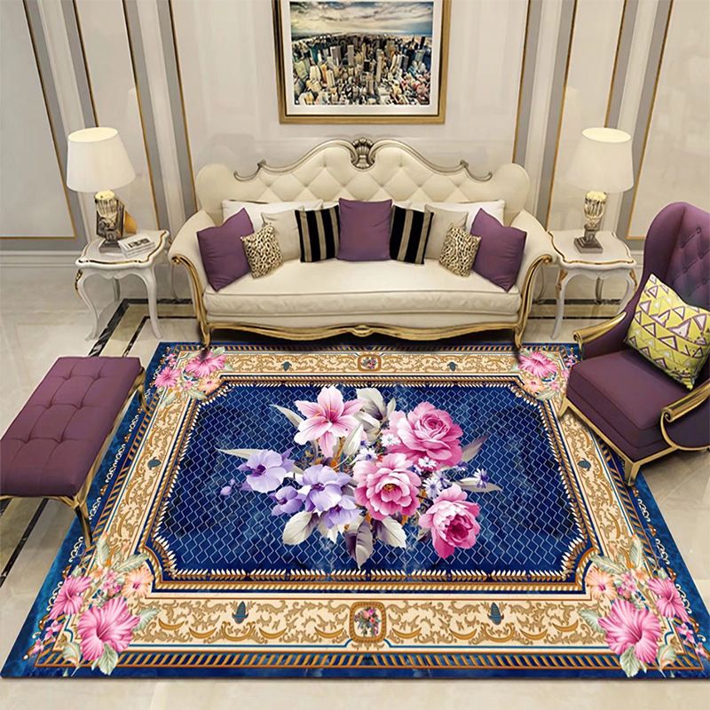 Traditional Flower Printed Carpet Polyester Area Rug Non-Slip Backing Indoor Carpet for Living Room