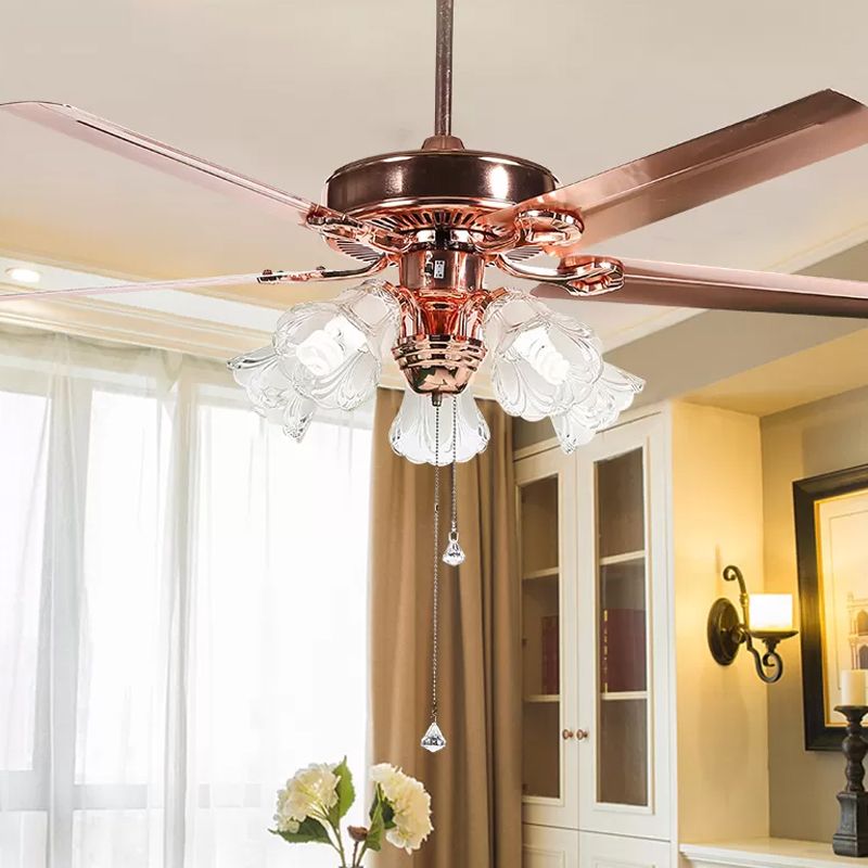 52" Wide Gold 5 Lights Hanging Fan Light Countryside Frosted Glass Bell Shade Semi-Flush Mount, 5 Blades