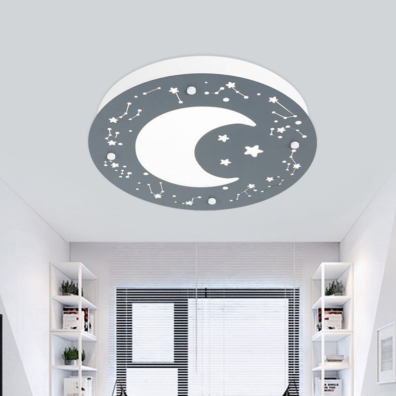 Graue/blaue Kreis Deckenleuchte Kinder LED Acryl Flush Lampe mit Mond und Sternenmuster für Nursery