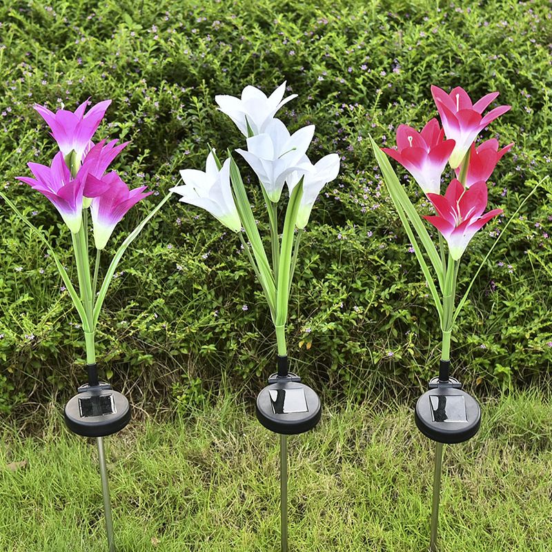 4-Bulb Lawn Ground Light Modern White/Purple/Red Solar LED Path Lamp with Artificial Lily Fabric Shade, 2 Packs