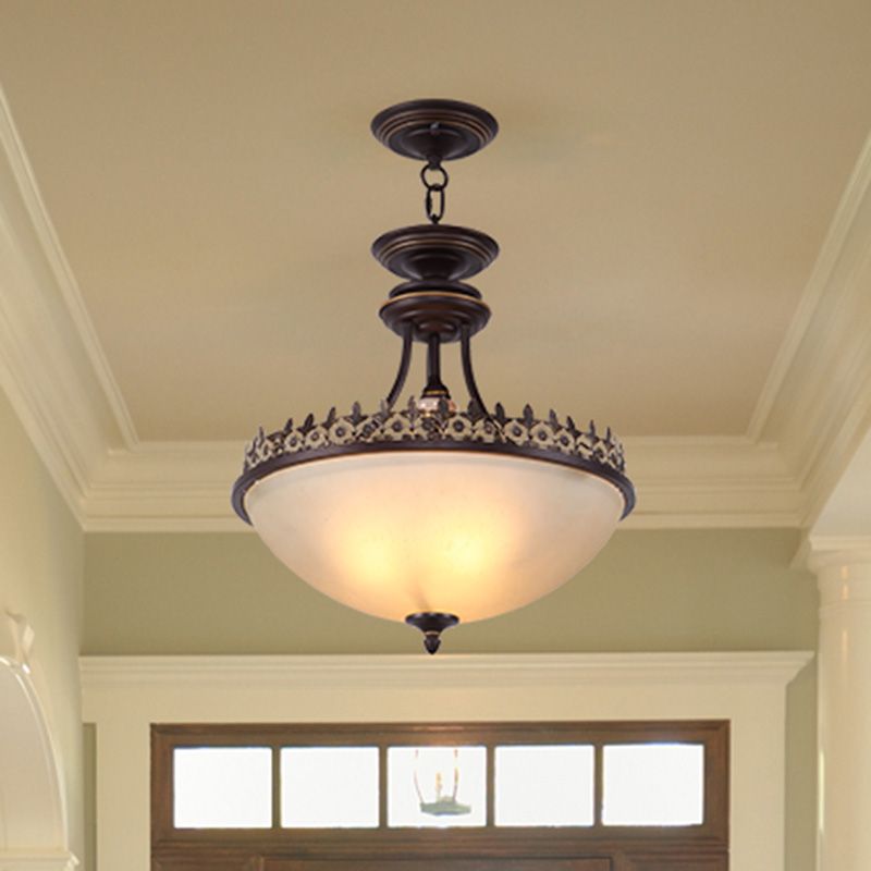 3 Bulbs Chandelier Pendant Light Vintage Bowl Frosted Glass Hanging Light in Black