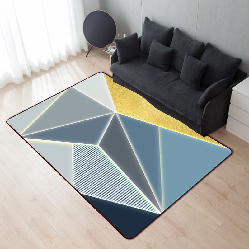 Blue Bedroom Rug Modern Color Block Geometry Pattern Area Rug Polyester Machine Washable Carpet
