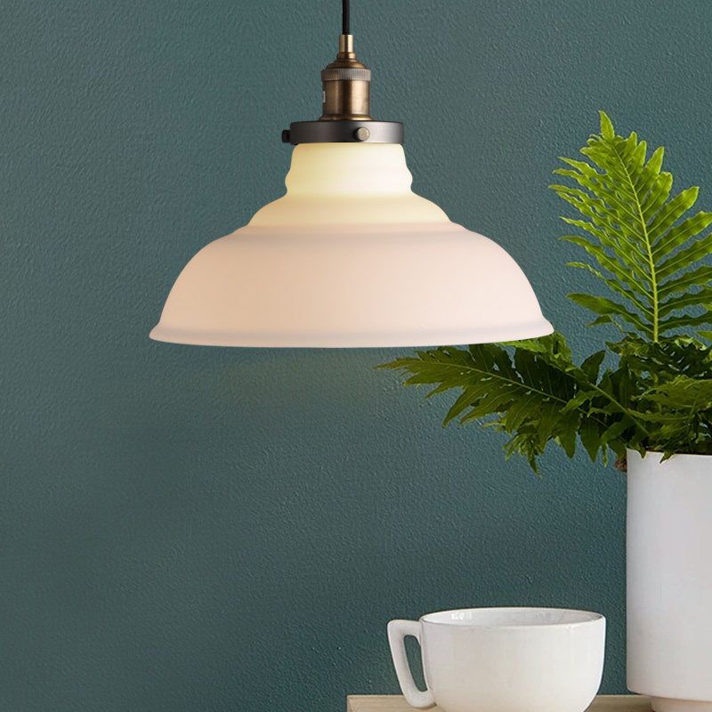 Brass Barn Pendant Fixture Farmhouse White Glass Single-Bulb Living Room Hanging Ceiling Light